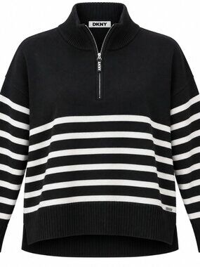 NWT DKNY Women's Quarter Zip Sweater L Black White Stripe Turtleneck $79